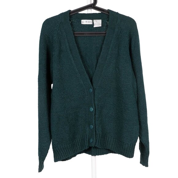 VJ Petites VTG Cardigan Sweater L Womens Green Acrylic Knit Button VNeck - Picture 1 of 5